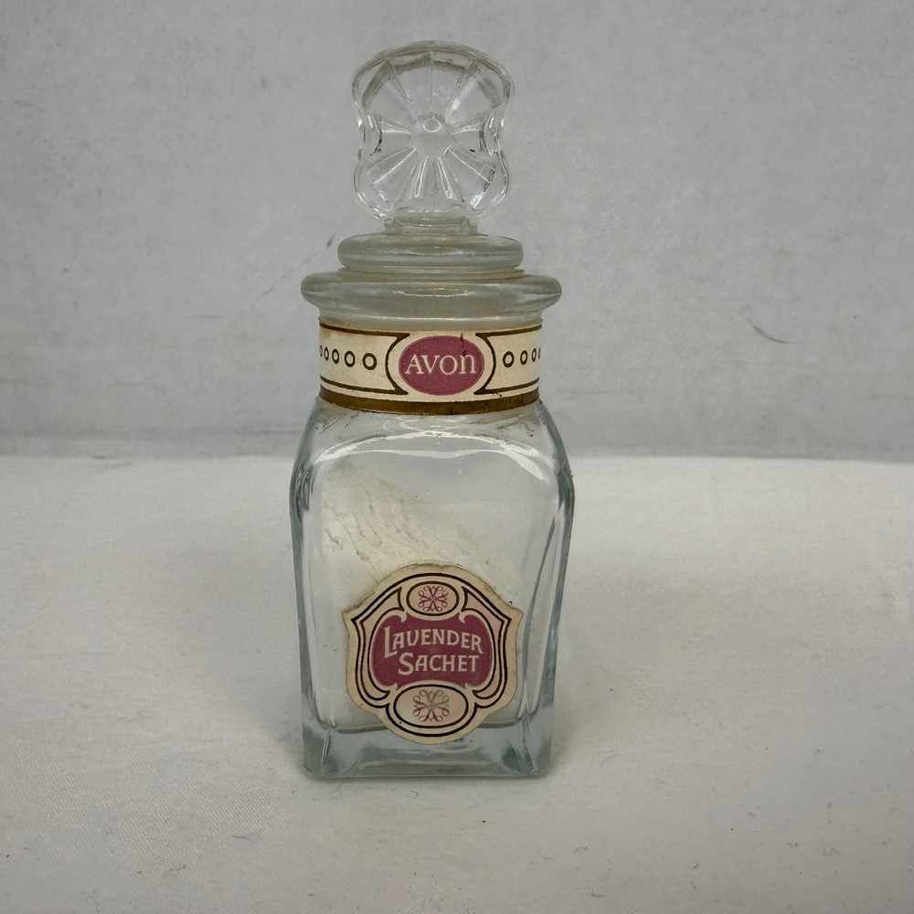 Vintage Avon Lavender Sachet Glass Jar Apothecary Bottle with Flower Stopper